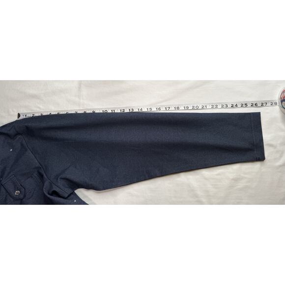 Quacker Factory XL Knit Denim Blouse Button Rhinestones Collar Tab Pocket - Picture 7 of 11